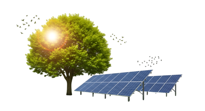 Lush Green Tree and Solar Panels with Birds and Sun Flare