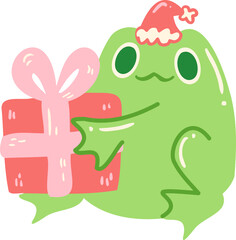 Hand drawn Illustration of Frog With Santa Hat Holding Gift