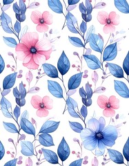 Delicate floral pattern featuring pastel pink and blue flowers, leaves, and sprigs on a white background