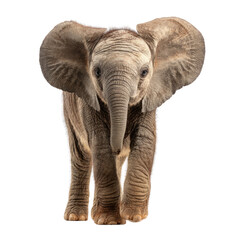 Obraz premium An adorable baby elephant stands directly facing the viewer, showcasing its large ears, curious eyes, and wrinkled skin prominently. background removed