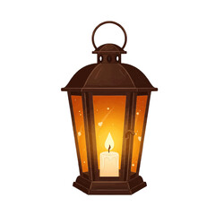 Antique metal lantern with burning candle inside, flat vector, brown and yellow, light and warmth concept