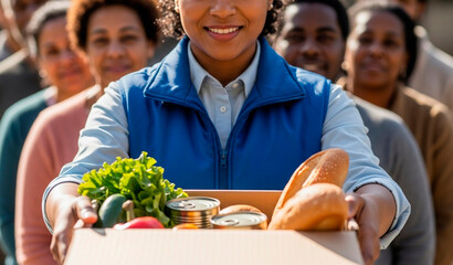 Group people volunteers holds box with donated food. Charity and humanitarian assistance. Social support and community help concept