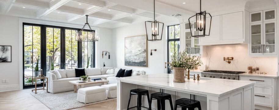 Open-concept, white-toned kitchen and living area with large windows and black accents - Powered by Adobe