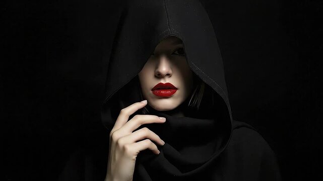 A captivating close-up portrait of a mysterious individual shrouded in a dark, hooded cloak, set against a deep black background. Only a portion of the face is visible, highlighted by soft, dramatic l