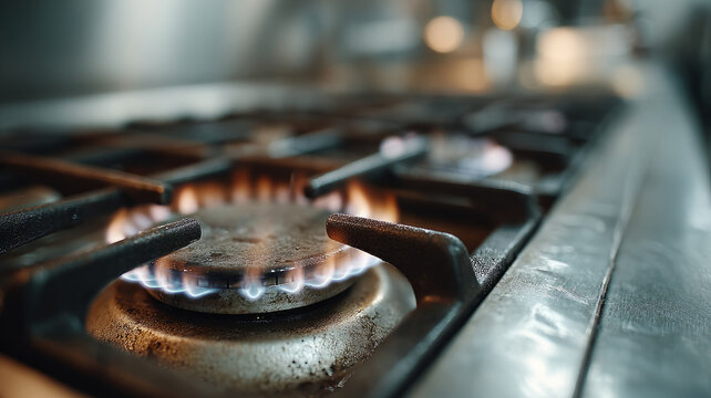 Closeup of a lit gas stove burner with blue flame. - Powered by Adobe