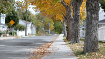 Fototapeta premium Leaf-strewn sidewalk with trees in a quiet autumn neighborhood.