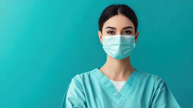 Female healthcare worker in medical scrubs and facemask