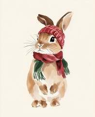 Cute watercolor bunny in red hat and scarf