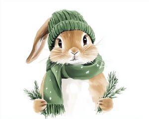 Hand-painted bunny in cozy green winter scarf and pompom hat