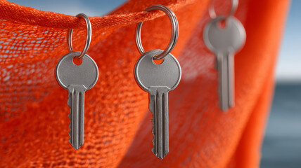 Closeup of keys hanging on orange mesh outdoors.