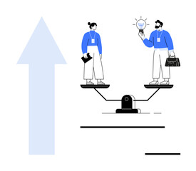 Two professionals stand on a balancing scale holding a lightbulb and documents, symbolizing equal opportunities and teamwork. Ideal for leadership, balance, innovation, collaboration, equality