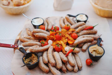 Delicious platter of sausages with sauces and sides at a casual gathering