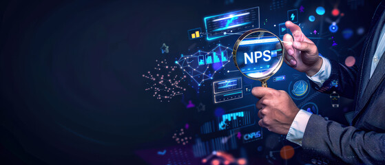 Businessman in suit holding magnifying glass and analyzing virtual data interface with NPS charts. Concept of customer satisfaction, data analysis, business intelligence, and performance evaluation.