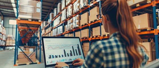 Businesswoman working on laptop with analytics graphs displayed on screen inside warehouse. Concept of logistics, supply chain, inventory management, shipping, ecommerce and distribution.