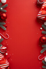 A vertical holiday scene features a red background framed by candy cane, gift and pine branch...