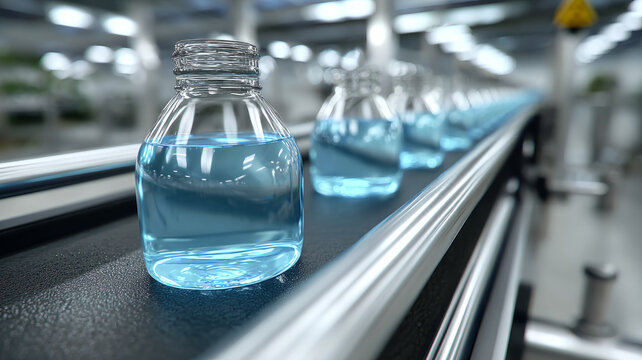 Plastic bottles on a production line in a factory setting.