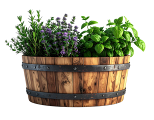 A wooden barrel planter overflowing with fresh herbs against a black backdrop