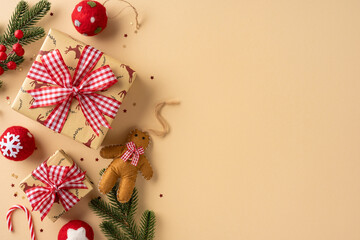 Vibrant Christmas scene with wrapped gifts, red gingham bows, a plush teddy bear, pine branches, and seasonal ornaments perfect for holiday promotions and decor around Christmas and New Year