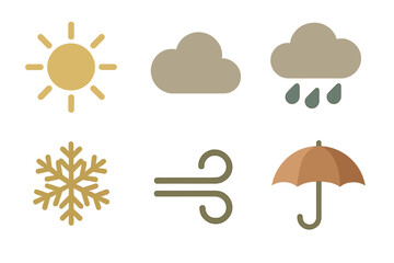 Six minimalist weather symbols: sun, cloud, rain, snow, wind, and an umbrella