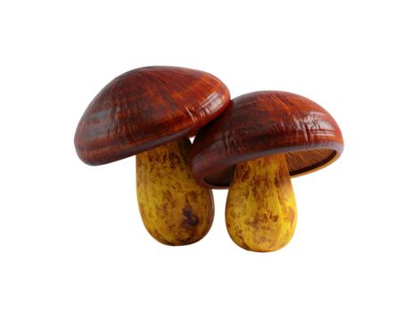 Two brown-capped mushrooms with yellowish stems set against a stark black backdrop