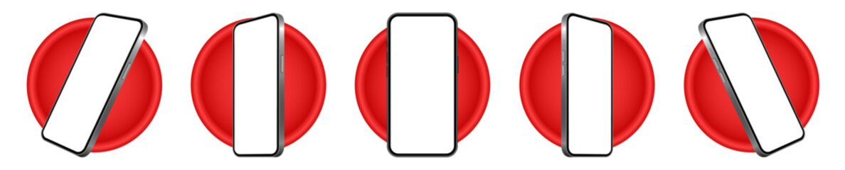 Mockup of a phone screen. Social media promotion. Advertising on a smartphone display. Device front view. 3D mobile phone. Cell phone. Red round frames with 3d pattern