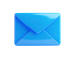 Glossy, blue, 3D render of a closed envelope against a stark black background