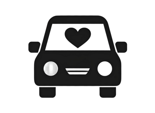 Black silhouette of a car with heart shape inside, romantic theme, transparent background 