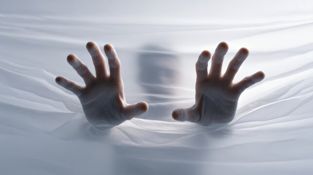 Hands with splayed fingers press against a stretched, translucent white fabric from behind, depicting a person feeling claustrophobic, trapped, and struggling with confinement or suffocation