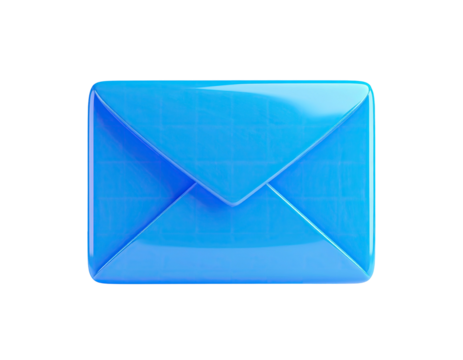 Glossy, blue, 3D render of a closed envelope against a stark black background