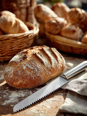 Naklejka premium Fresh artisan bread loaf with knife on rustic kitchen table.