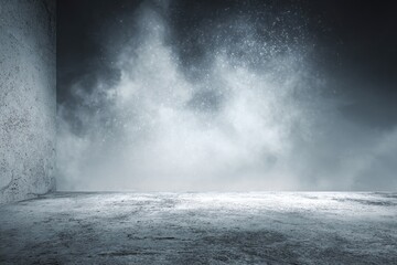 Empty concrete space, misty, dimly lit