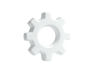 Rendered white gear icon, 3D style, on a transparent black background