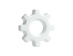 Rendered white gear icon, 3D style, on a transparent black background