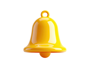 Shiny yellow bell icon with a loop, rendered in 3D, floating on a black background