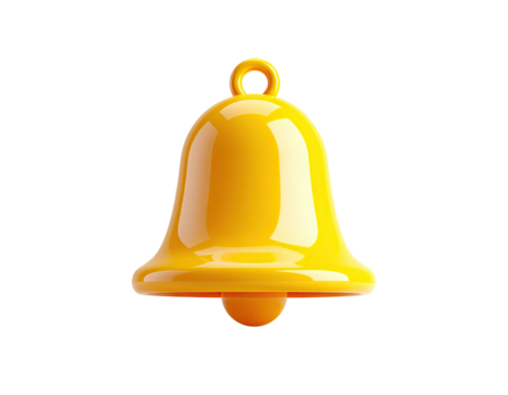 Shiny yellow bell icon with a loop, rendered in 3D, floating on a black background