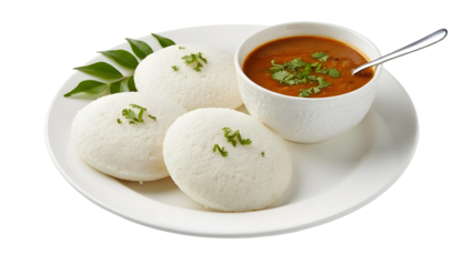 South Indian idlis served with spicy lentil sambar curry

