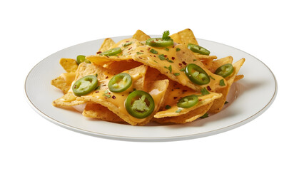 Crispy nachos topped with sliced jalapenos and herbs
