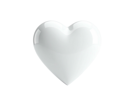A glossy white heart shape, centered against a solid black background