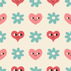 Colorful Heart and Flower Seamless Pattern Vector Illustration.