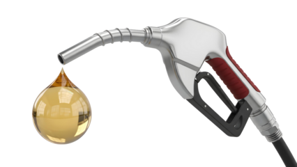 Fuel pump nozzle releasing a golden drop of gasoline
