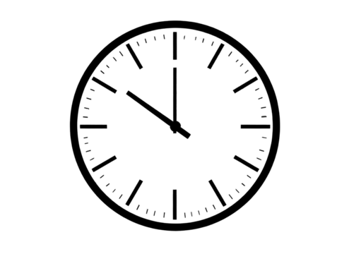 Black silhouette of a clock, simple round shape, transparent background