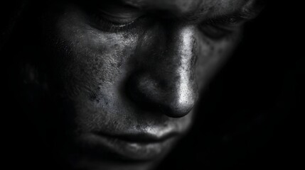 Fototapeta premium Striking black and white close up portrait of a human face dramatic lighting intense detail conveying deep introspection and emotion