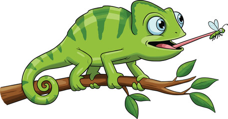  Cartoon green chameleon catching insect with tongue, cute reptile animal sitting on tree branch, wildlife jungle lizard vector illustration for education design
