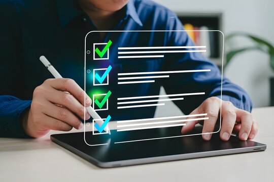 Close-up of a person's hands interacting with a digital tablet interface