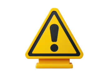 A 3D yellow triangular warning sign featuring a black exclamation mark, indicating caution or important information, on a solid transparent background. background removed