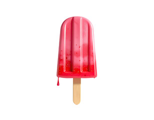 Glossy red popsicle melting slightly, wooden stick, isolated on black background