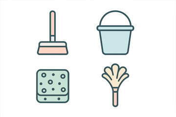 Set of essential household cleaning tools including broom, water bucket, scrubbing sponge, and feather duster