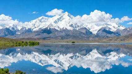 Fototapeta premium Majestic Snowy Mountain Range Reflected on Crystal Clear Alpine Lake