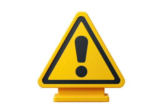 A 3D yellow triangular warning sign featuring a black exclamation mark, indicating caution or important information, on a solid transparent background. background removed