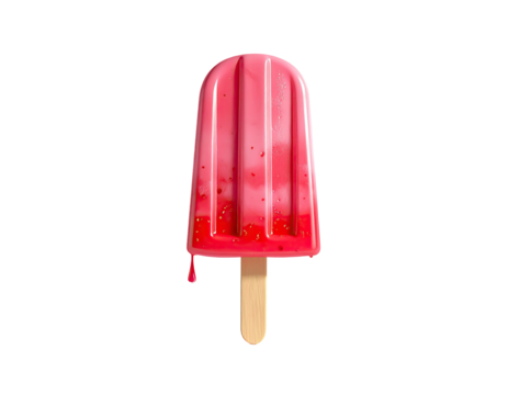 Glossy red popsicle melting slightly, wooden stick, isolated on black background